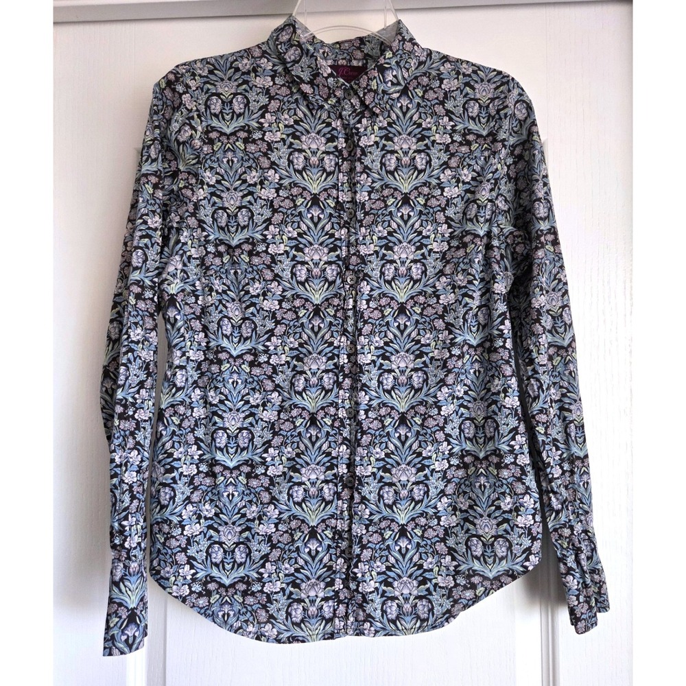 J.Crew Liberty Fabric Floral Button Down Shirt Blue Purple Art Nouveau Size 6